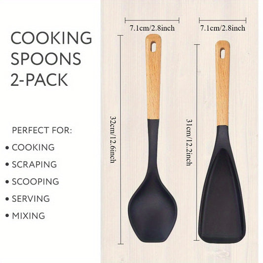 Spatula Spoon Set of 2, Silicone Cooking Spoon for Non-Stick Cookware, Multifunctional Kitchen Utensils for Cooking, Serving, Mixing, Spooning, Spatula, etc.
