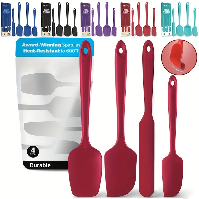 Heat Resistant Spatula 4pcs Heat Resistant Silicone Spatula Set, Durable Rubber Kitchen Utensils for Nonstick Cookware, Seamless Design, Red, up to 600°F, 4 Sizes