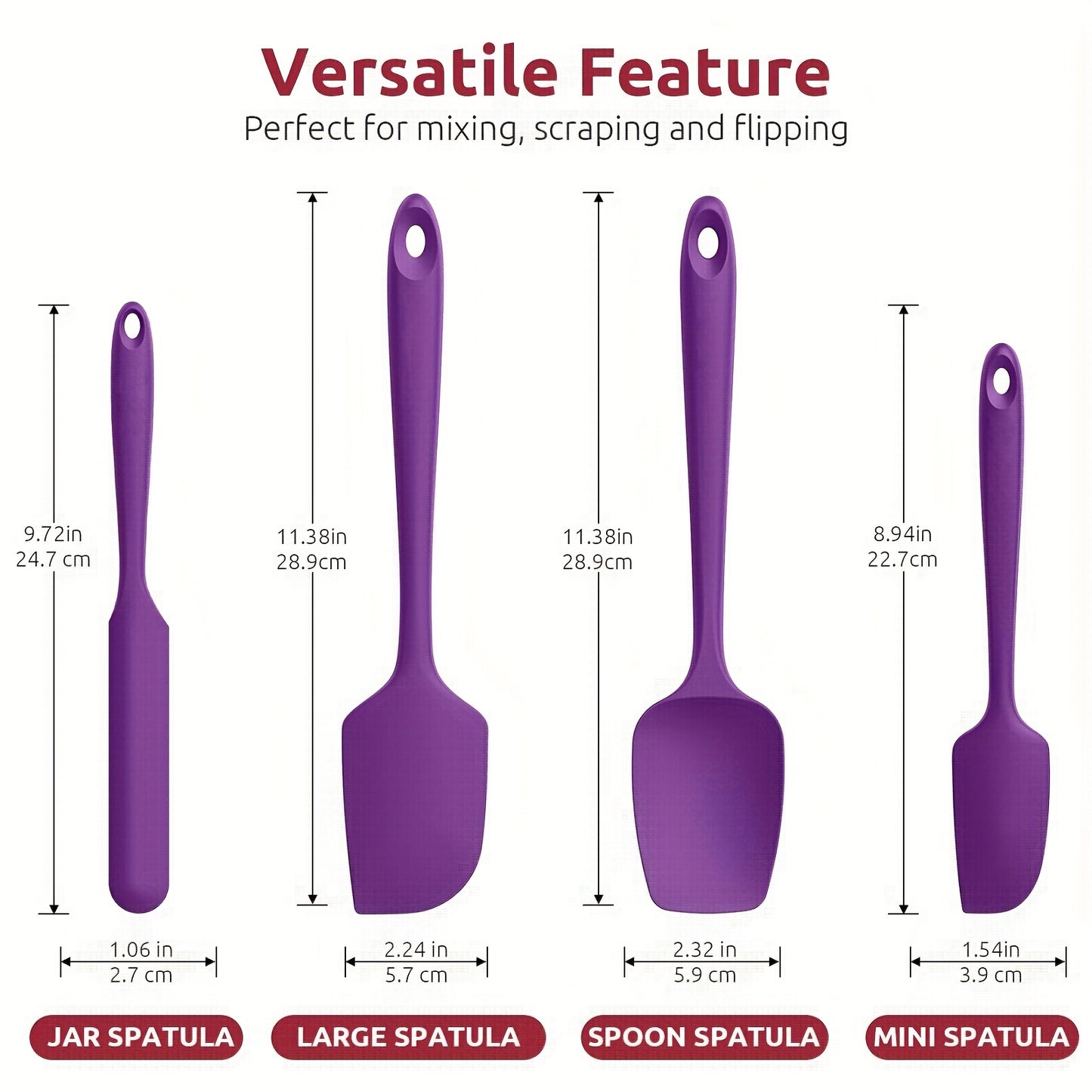 Heat Resistant Spatula 4pcs Heat Resistant Silicone Spatula Set, Durable Rubber Kitchen Utensils for Nonstick Cookware, Seamless Design, Red, up to 600°F, 4 Sizes