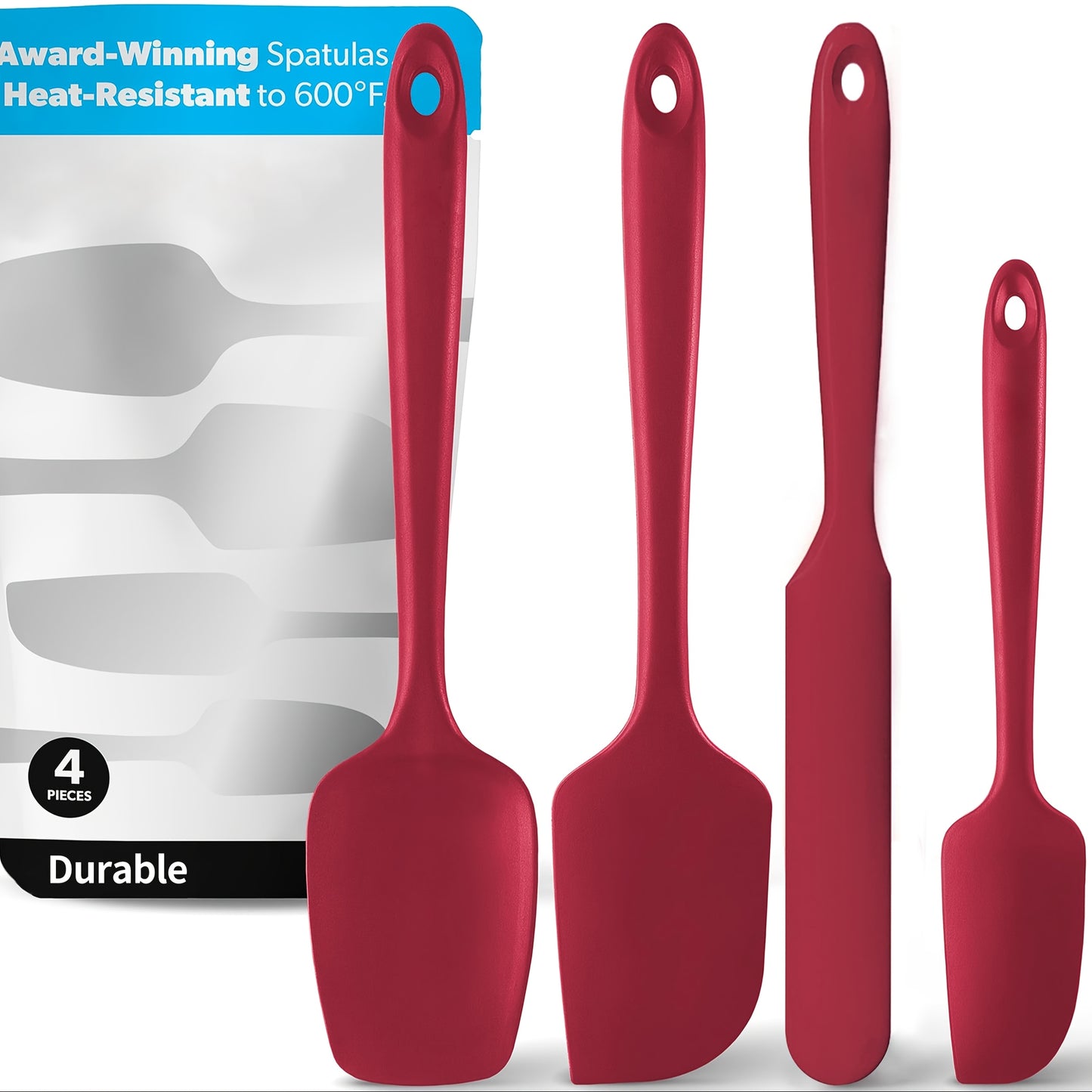 Heat Resistant Spatula 4pcs Heat Resistant Silicone Spatula Set, Durable Rubber Kitchen Utensils for Nonstick Cookware, Seamless Design, Red, up to 600°F, 4 Sizes